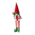 Gnome de Noël en peluche avec bonnet rouge, tresses blanches et grelots verts sur blanc - Poupée féminine sans visage à longues jambes Elf