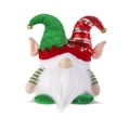 Kerstkabouter pluche met rode lovertjes, groene fluwelen hoed en bellen op wit decor - Groene Elfenmuts Stijl (met licht)