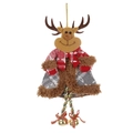 Addobbo renna in peluche con sciarpa rossa, gonna grigia e campanellini su sfondo bianco - Stile Alce