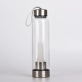 Water bottle with clear glass body featuring a white crystal column and silver wrist strap - 401-500ml / Clear Quartz (304 Stainless Steel)