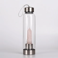 Eco-friendly glass water bottle with natural rose quartz crystal column and stainless steel lid - 401-500ml / Rose Quartz (304 Stainless Steel)