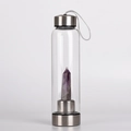 Crystal healing glass water bottle with natural amethyst pillar and stainless steel finish - 401-500ml / Amethyst (304 Stainless Steel)
