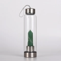 Glass water bottle with silver base and natural green crystal pillar inside - 401-500ml / Green Aventurine (304 Stainless Steel)
