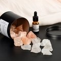 Pink and white crystal diffuser set with grapefruit honey essential oil in black tin - White Crystal And Himalayan Salt And Essential Oil And Box