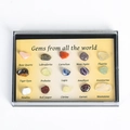 Global collection of 15 polished natural ores in a transparent display box with labels - Assorted Material Style Two