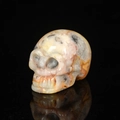 Polished natural agate skull carving with striped patterns on a reflective surface - 2 Inch / Crazy Agate