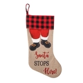 Calcetín navideño de arpillera beige con cuadros rojos y negros y bota de Papá Noel - Estilo Papá Noel Chimenea / Cuadros Rojos y Negros