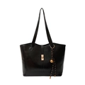 Bolso tote de cuero negro con hebilla giratoria dorada y colgante de campana en fondo blanco - Negro