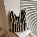 Chic black and white vertical striped canvas tote bag for daily shopping and casual use - Blue