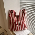 Minimalist red and white vertical striped canvas tote bag with wide handles - Red