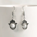 Vintage silver Hamsa Hand earrings with natural white marble textured crystal beads - Howlite