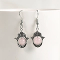 Hamsa hand earrings with natural pink quartz bead and vintage silver finish - Rose Quartz