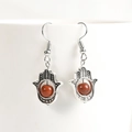 Vintage Hamsa Hand earrings with reddish-brown natural stone beads in silver finish - Red Jasper