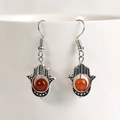 Hamsa Hand earrings with red carnelian bead in antique silver finish style - Red Agate