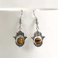 Hamsa hand earrings featuring tiger eye natural stone beads in antique silver finish - Tiger's Eye