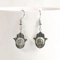 Vintage silver Hamsa hand hook earrings featuring round gray natural labradorite stone - Labradorite