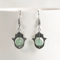 Silver Hamsa Hand earrings with light green natural crystal beads in bohemian style - Green Aventurine