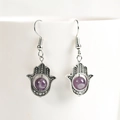 Vintage silver Hamsa Hand earrings with natural purple crystal beads on fish hooks - Amethyst