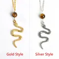 Snake pendant necklace set with tiger eye bead in gold and silver finish - Gold Style / Tiger's Eye