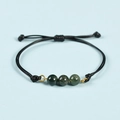 Bracciale intrecciato nero minimalista con tre pietre occhio di tigre verdi e grani dorati - Agata muschiata