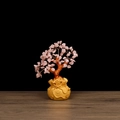 Pink quartz crystal money tree with golden fortune bag base and copper wire branches - Small Rose Quartz Money Bag Tree 18cm