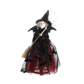 Poupée sorcière d'Halloween avec robe en dentelle noire, ailes de chauve-souris et balai - Ornement de Sorcière Rouge