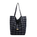 Classic navy blue plaid canvas tote bag with spacious design and golden metal plaque - Blue