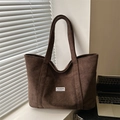 Brown corduroy tote bag with Fashion Instinct label, stylish large capacity shoulder bag - Brown