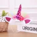 Fuchsia unicorn headband with colorful fabric flowers and rainbow mesh for party costume - One Size / Rose Red Mesh Unicorn Headband