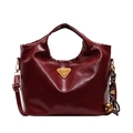 Red patent leather tote bag with gold triangle plaque and adjustable shoulder strap - Burgundy