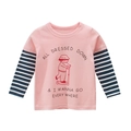 Pink long-sleeve toddler tee with striped sleeves and cartoon print on white backdrop - 90 / Pink