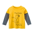 Geel T-shirt met lange mouwen voor kinderen met zwart-wit gestreepte mouwen en print - 90 / Goud