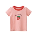 Girl's pink cotton short sleeve T-shirt with strawberry print and contrast crew neck - 110cm / Pink