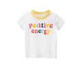 Detail of girls' cotton T-shirt featuring a yellow contrast neck and positive energy print - 90cm / Rice White/Yellow Collar