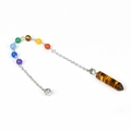 Tiger eye crystal pendulum pendant with 7 chakra beads on a silver metal chain - Tiger's Eye