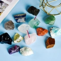 Natural crystal stone incense burner set with various raw gemstone holders on blue background - White Crystal / Raw Stone Style