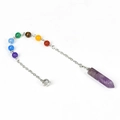 Amethyst crystal chakra pendulum with seven colorful stones on a silver chain - Amethyst