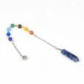 Sodalite hexagonal crystal pendulum with seven chakra stones on a silver chain - Blue Spot Stone