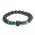Men's lava stone bracelet with blue tiger eye beads and black wolf head charm - Lake Blue Tiger Eye
