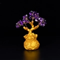 Amethyst gemstone money tree with golden wire branches and lucky money bag base - Small Money Tree Amethyst
