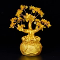 Golden feng shui money tree with yellow crystal leaves on a fortune bag base - Large Money Tree Citrine