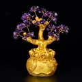 Faux amethyst money tree with golden wire branches and a lucky money bag base - Large Money Tree Amethyst
