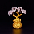 Pink quartz money tree ornament with golden trunk and lucky money bag base - Small Money Tree Rose Quartz