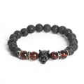 Men's lava rock and red tiger eye beaded bracelet featuring a black wolf head charm - Red Tiger Eye