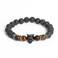 Lava stone and tiger eye beaded bracelet with a black wolf head and green gem eyes - Yellow Tiger Eye