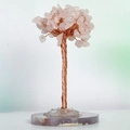 Pink quartz crystal tree on natural agate slice base with copper wire branches - Rose Quartz