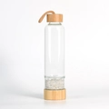 Bamboo lid glass water bottle with clear quartz crystal energy chamber and carry strap - White Crystal