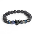 Lava stone and blue tiger eye bracelet with a detailed black wolf head charm - Cyan Tiger Eye