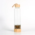 Bamboo lid glass water bottle with tiger eye crystal stones in bottom compartment - Tiger's Eye