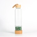 Bamboo lid glass water bottle with green aventurine crystal stones in base compartment - Green Aventurine